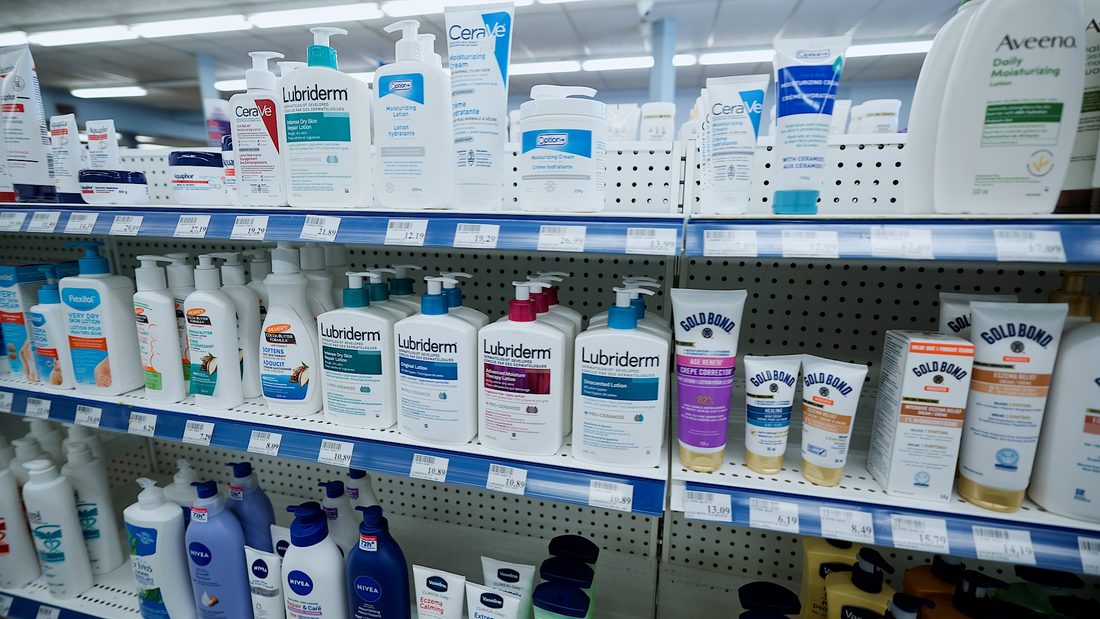 Lotion brands including CeraVe, Lubriderm and Aveeno on the shelf